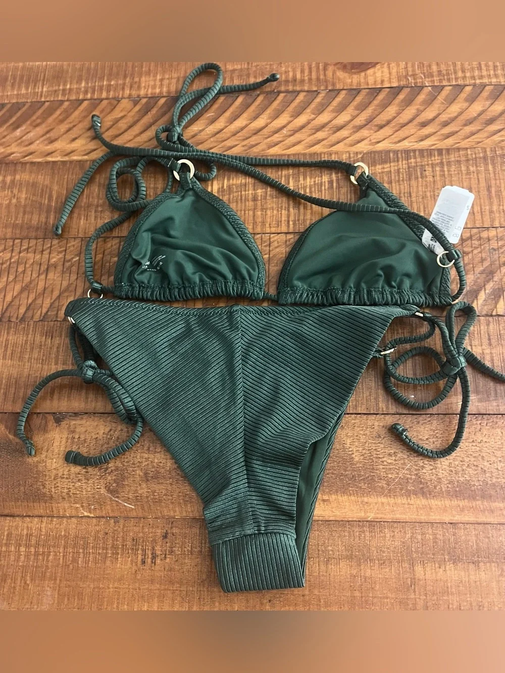 NWT Aerie FULL SET Shine Rib String Triangle Top + Cheekiest Tie Bottom Green S